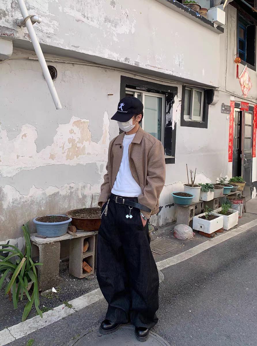 JCAESAR Low crotch wide denim pants scimitar silhouette